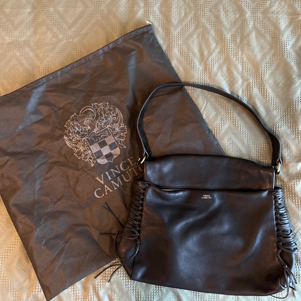 Vince Camuto black leather fringe shoulder purse